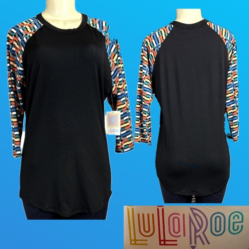 LuLaRoe Randy Baseball Tee Black Multicolor Chainlink Print 3/4 Raglan Sleeve M
